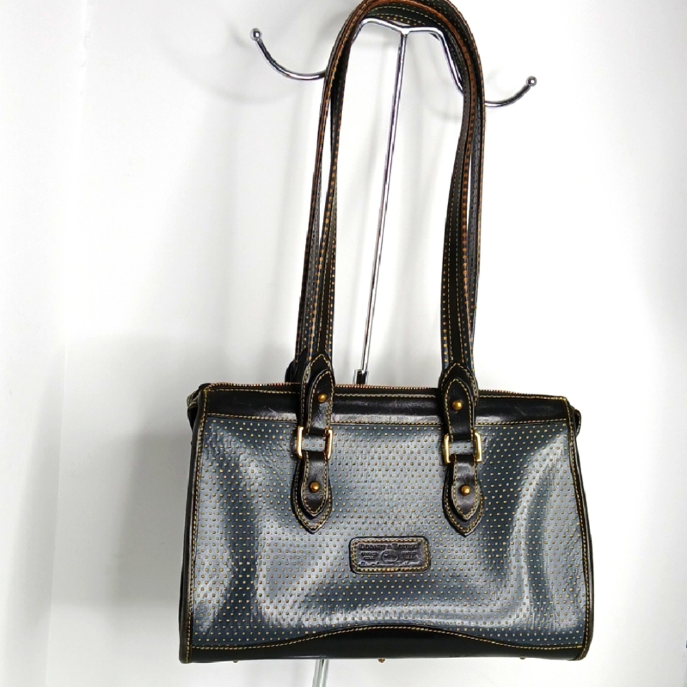 Dooney & Bourke Vintage Leather Shoulder Bag Ocean Blue/Yellow Dots/Black
